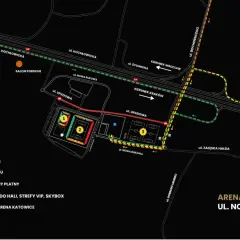 Mapa dojazdu do Areny Katowice, z zaznaczonym stadionem GKS Katowice, halą i boiskami treningowymi.