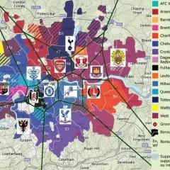 Mapa Londynu z zaznaczonymi terytoriami kibiców różnych drużyn. Widoczne herby klubów, takich jak Arsenal, Chelsea, Tottenham, West Ham.