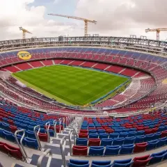Widok na Camp Nou, największy stadion w Hiszpanii, w trakcie modernizacji. Żurawie budowlane górują nad trybunami w barwach czerwono-niebieskich.