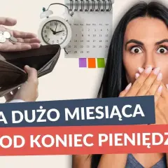 Zaskoczenie na twarzy kobiety, pusty portfel i zegar symbolizują problemy z budżetami klubów 1 ligi.