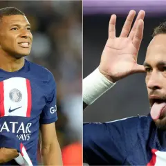 Neymar i Mbappé w koszulkach PSG. Neymar robi śmieszną minę, a Mbappé patrzy w bok.