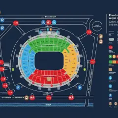 Plan stadionu z bramami i sektorami. Sprawdź, co można wnieść na stadion narodowy, gdzie są wejścia i parkingi.
