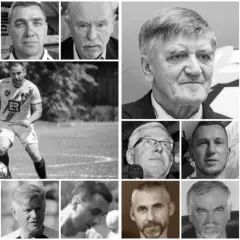 Kolaż zdjęć upamiętniający piłkarzy, którzy odeszli. Widać twarze starszych i młodszych mężczyzn, niektórych w strojach sportowych, innych w garniturach.