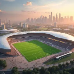 Nowoczesny stadion piłkarski z widokiem na panoramę miasta. Może to być miejsce, gdzie będzie mundial 2034.