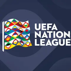 Flaga z symbolami narodowymi i napis UEFA NATIONS LEAGUE. Czekamy na emocjonujący liga narodów losowanie!