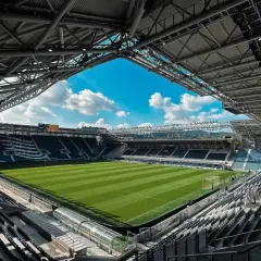 Puste trybuny stadio Atleti Azzurri d'Italia czekają na kibiców. Zielona murawa lśni w słońcu, gotowa na emocje.