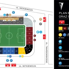 Plan stadionu Pogoni, z zaznaczonym sektorem gości (czarne sektory A11, A10, A9, B1, B2, B3, B4, B5, B6, B7, B8).