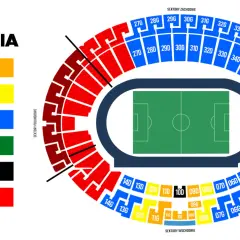 Schemat stadionu ze szczegółowym podziałem na sektory i kategorie. Kolory oznaczają różne ceny biletów na Stadion Śląski.