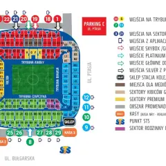 Trybuna Anioły Lech Poznań: schemat stadionu z podziałem na sektory i wejścia.