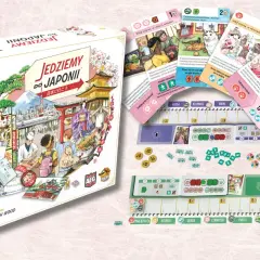 Planszowa gra "Jedziemy do Japonii" z kartami, planszą i żetonami. Odkryj uroki Japonii, od tradycji po kocie kawiarnie.