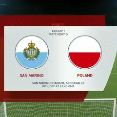 Zapowiedź meczu San Marino - Polska w eliminacjach do Mistrzostw Europy. Flagi obu krajów, nazwy drużyn i stadion.