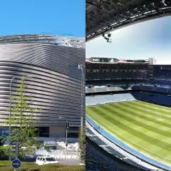 Nowe Santiago Bernabeu w budowie, z zewnątrz i widok na murawę z trybun.
