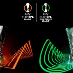 Trofea Ligi Europy i Ligi Konferencji UEFA, symbolizujące zmagania w eliminacjach.