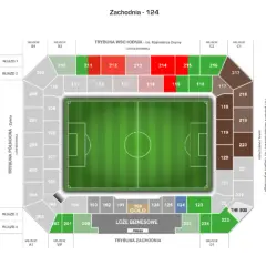 Plan sektory stadionu w Gorzowie. Widok z lotu ptaka na boisko i trybuny z numeracją miejsc.