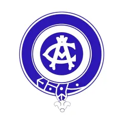 Logo Atletico Madryt w kolorze niebieskim. Okrąg z inicjałami klubu w środku i ozdobnym elementem na dole.
