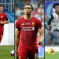 Trzech piłkarzy, uznawanych za najlepsi prawi obrońcy: Benjamin Pavard, Trent Alexander-Arnold i Juan Cuadrado, w akcji.