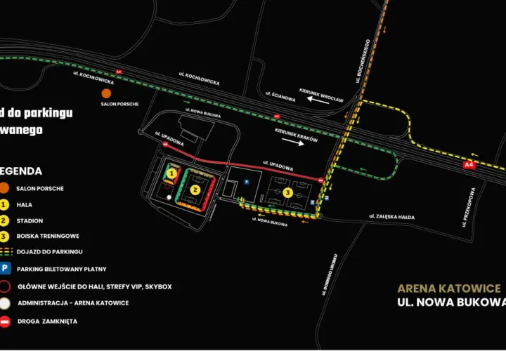 Mapa dojazdu do Areny Katowice, z zaznaczonym stadionem GKS Katowice, halą i boiskami treningowymi.