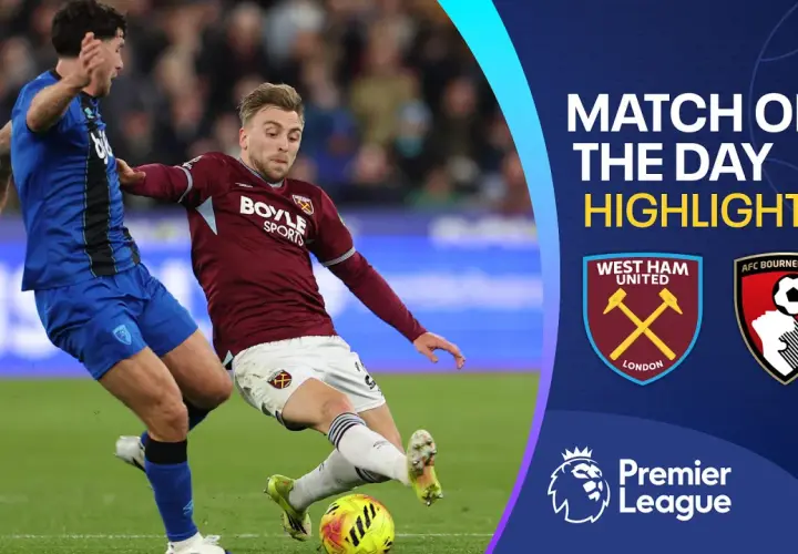 Składy: West Ham – A.F.C. Bournemouth. Piłkarze walczą o piłkę na boisku. W tle logo Premier League i nazwy drużyn.