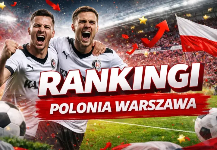 Dwóch piłkarzy Polonii Warszawa świętuje, na tle stadionu i flagi Polski. Napis "RANKINGI POLONIA WARSZAWA" sugeruje sukcesy klubu.