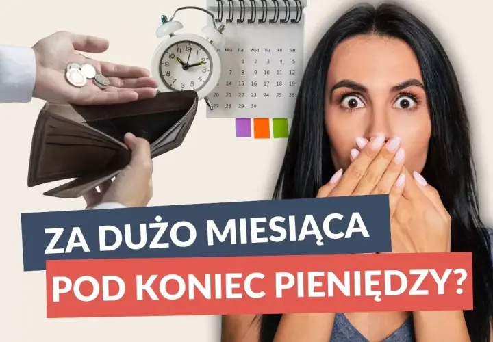 Zaskoczenie na twarzy kobiety, pusty portfel i zegar symbolizują problemy z budżetami klubów 1 ligi.