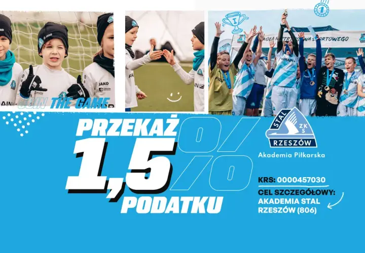 Dzieci w strojach piłkarskich cieszą się z wygranej. Wspieraj Akademię Piłkarską Stal Rzeszów, przekazując 1,5% podatku.