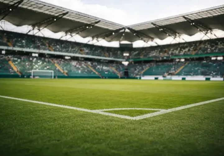 Piłkarskie boisko z trybunami wypełnionymi kibicami. Widok z narożnika boiska, gotowego na emocje w baraze 1 liga.