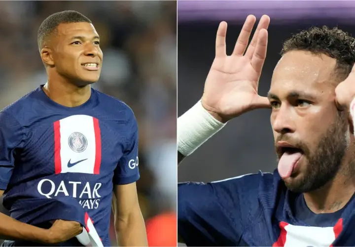 Neymar i Mbappé w koszulkach PSG. Neymar robi śmieszną minę, a Mbappé patrzy w bok.
