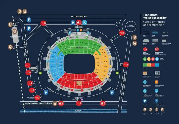 Plan stadionu z bramami i sektorami. Sprawdź, co można wnieść na stadion narodowy, gdzie są wejścia i parkingi.