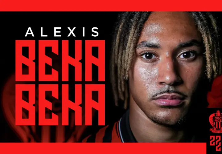 Alexis Beka Beka, młody piłkarz OGC Nice, z charakterystyczną fryzurą i determinacją na twarzy.