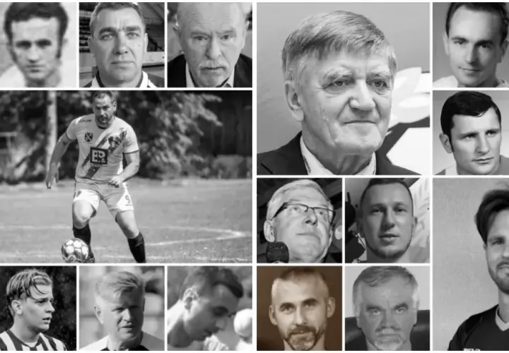 Kolaż zdjęć upamiętniający piłkarzy, którzy odeszli. Widać twarze starszych i młodszych mężczyzn, niektórych w strojach sportowych, innych w garniturach.