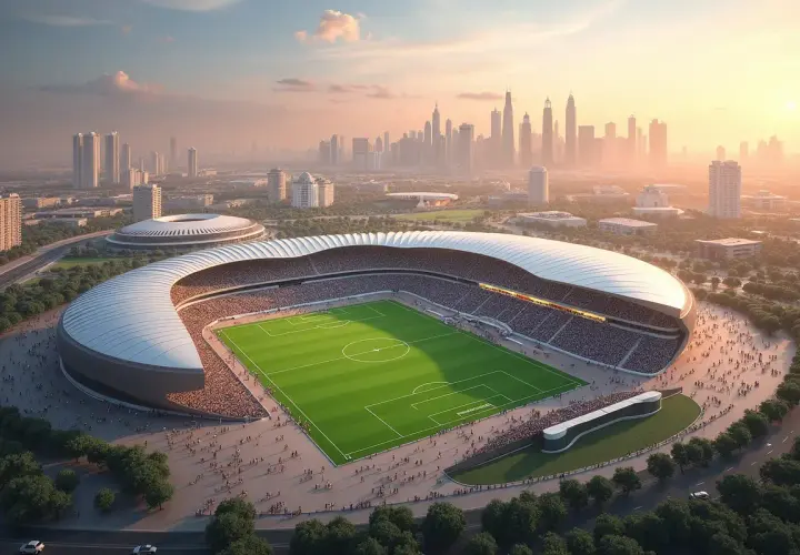 Nowoczesny stadion piłkarski z widokiem na panoramę miasta. Może to być miejsce, gdzie będzie mundial 2034.