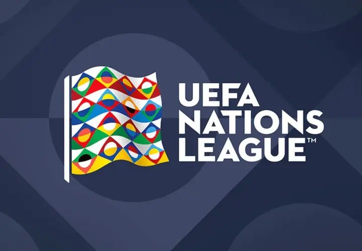 Flaga z symbolami narodowymi i napis UEFA NATIONS LEAGUE. Czekamy na emocjonujący liga narodów losowanie!