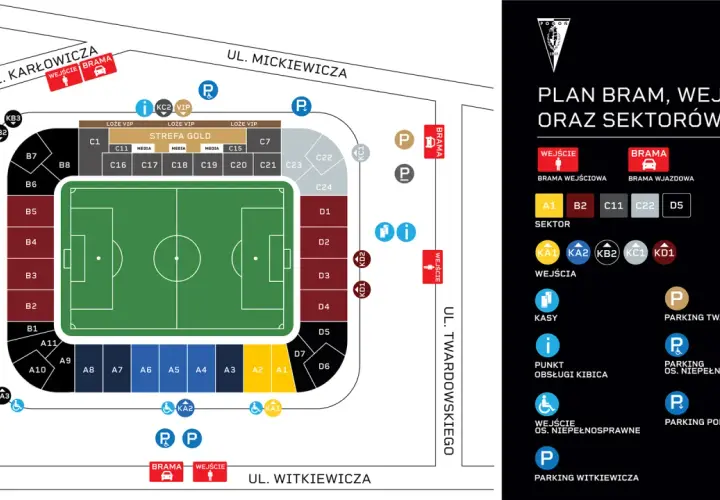 Plan stadionu Pogoni, z zaznaczonym sektorem gości (czarne sektory A11, A10, A9, B1, B2, B3, B4, B5, B6, B7, B8).