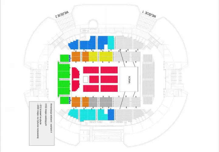 Stadion gdańsk sektory: schemat rozmieszczenia miejsc siedzących i sceny. Widoczne wejścia 1 i 2.