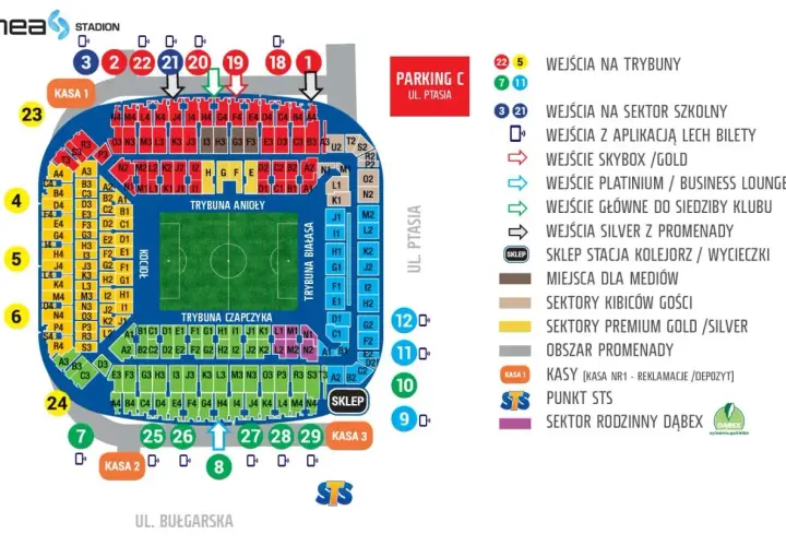 Trybuna Anioły Lech Poznań: schemat stadionu z podziałem na sektory i wejścia.