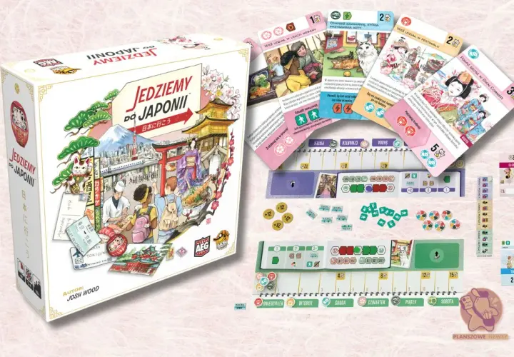 Planszowa gra "Jedziemy do Japonii" z kartami, planszą i żetonami. Odkryj uroki Japonii, od tradycji po kocie kawiarnie.