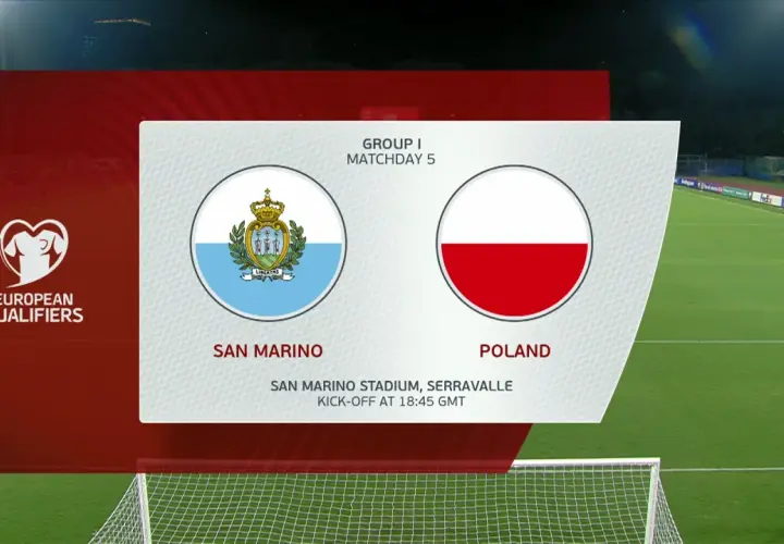 Zapowiedź meczu San Marino - Polska w eliminacjach do Mistrzostw Europy. Flagi obu krajów, nazwy drużyn i stadion.