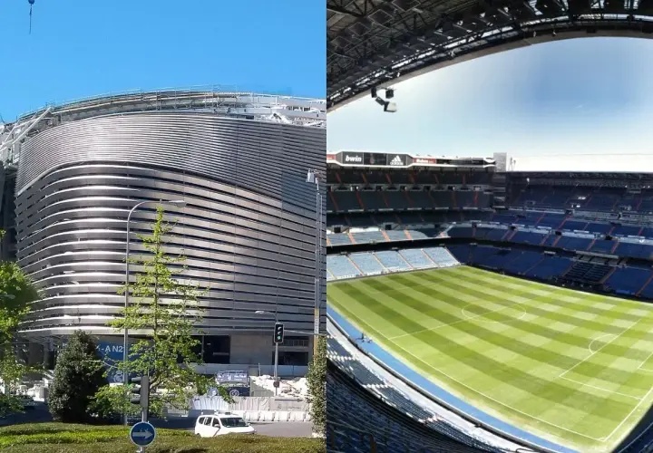 Nowe Santiago Bernabeu w budowie, z zewnątrz i widok na murawę z trybun.