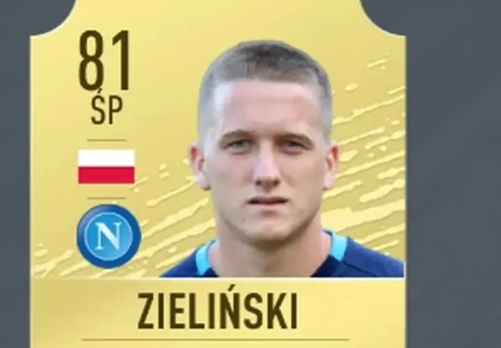 Karta z gry FIFA z oceną 81 dla Piotra Zielińskiego. Widoczne polskie barwy narodowe i logo Napoli.