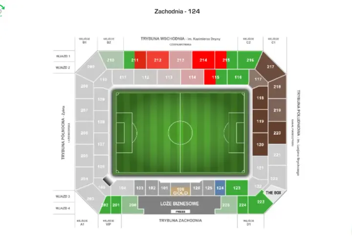 Plan sektory stadionu w Gorzowie. Widok z lotu ptaka na boisko i trybuny z numeracją miejsc.