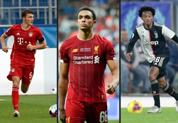 Trzech piłkarzy, uznawanych za najlepsi prawi obrońcy: Benjamin Pavard, Trent Alexander-Arnold i Juan Cuadrado, w akcji.
