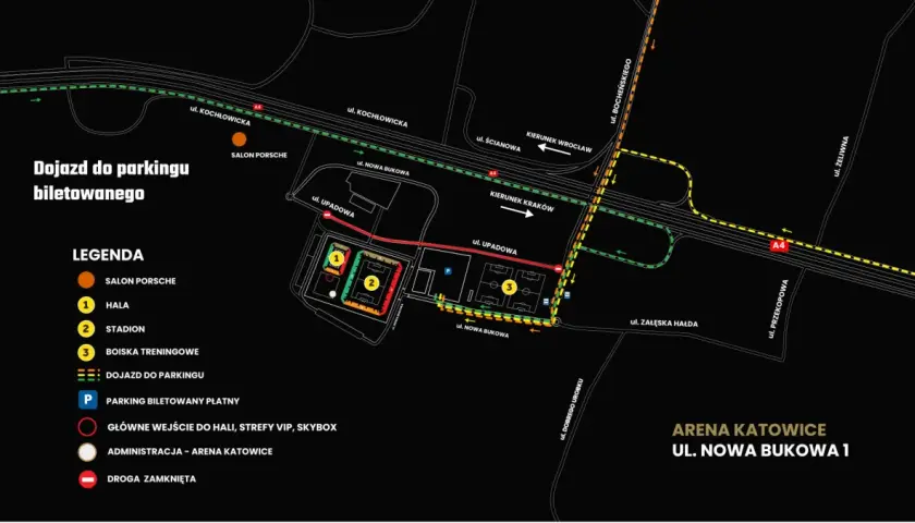 Mapa dojazdu do Areny Katowice, z zaznaczonym stadionem GKS Katowice, halą i boiskami treningowymi.