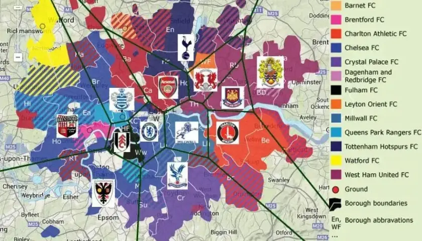 Mapa Londynu z zaznaczonymi terytoriami kibiców różnych drużyn. Widoczne herby klubów, takich jak Arsenal, Chelsea, Tottenham, West Ham.