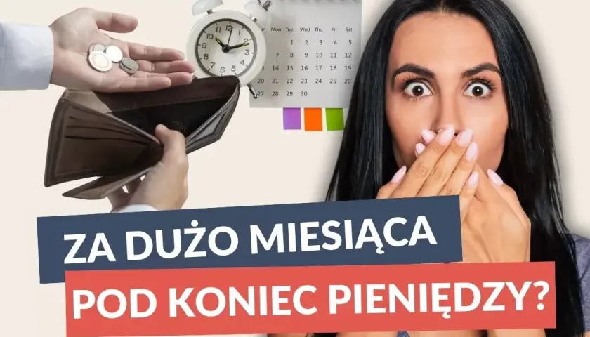 Zaskoczenie na twarzy kobiety, pusty portfel i zegar symbolizują problemy z budżetami klubów 1 ligi.