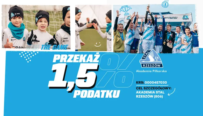 Dzieci w strojach piłkarskich cieszą się z wygranej. Wspieraj Akademię Piłkarską Stal Rzeszów, przekazując 1,5% podatku.