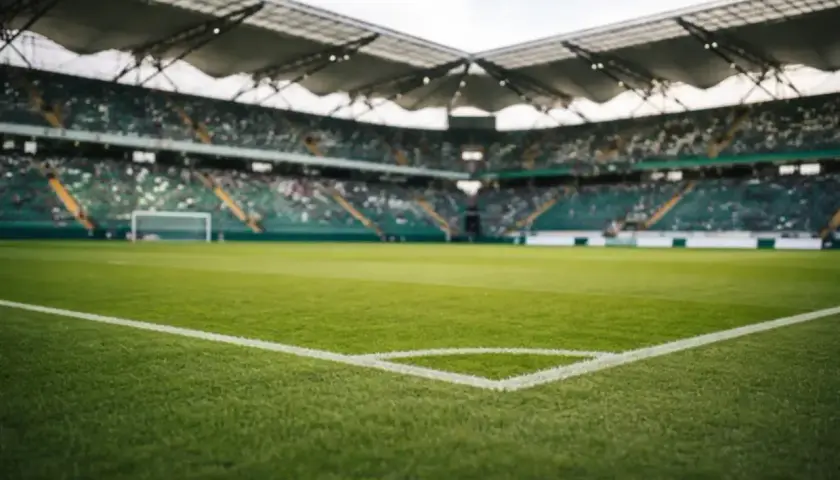 Piłkarskie boisko z trybunami wypełnionymi kibicami. Widok z narożnika boiska, gotowego na emocje w baraze 1 liga.