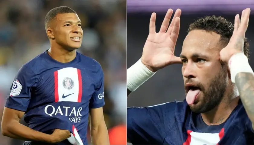 Neymar i Mbappé w koszulkach PSG. Neymar robi śmieszną minę, a Mbappé patrzy w bok.