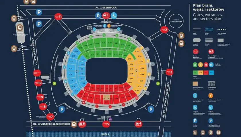 Plan stadionu z bramami i sektorami. Sprawdź, co można wnieść na stadion narodowy, gdzie są wejścia i parkingi.