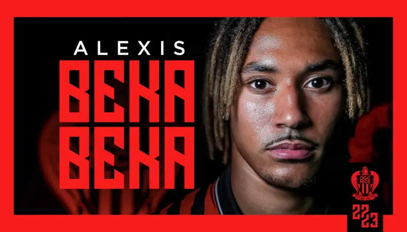 Alexis Beka Beka, młody piłkarz OGC Nice, z charakterystyczną fryzurą i determinacją na twarzy.