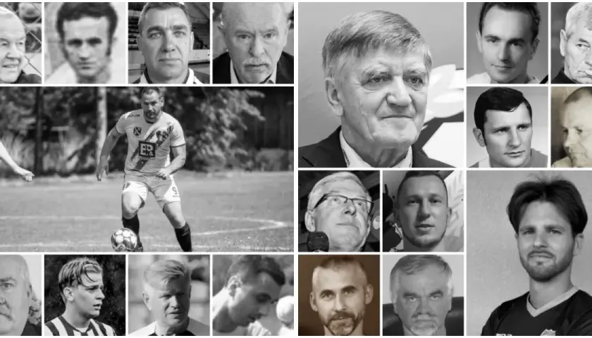 Kolaż zdjęć upamiętniający piłkarzy, którzy odeszli. Widać twarze starszych i młodszych mężczyzn, niektórych w strojach sportowych, innych w garniturach.